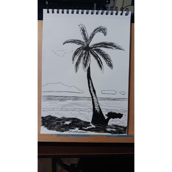 Palm Tree Ocean Florida Landscape Scene 9x12 Inch OOAK Original Ink Drawing - Picture 4 of 4